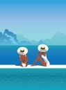 Digital illustration two beautiful girls on vacation in hats and swimsuits sit by the pool look at the seascape and mountains